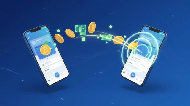 Digital smartphone cryptocurrency remittance animation showing coins transferring between two mobile devices on blue background with animated sequence cryptocurrency floating smartphones