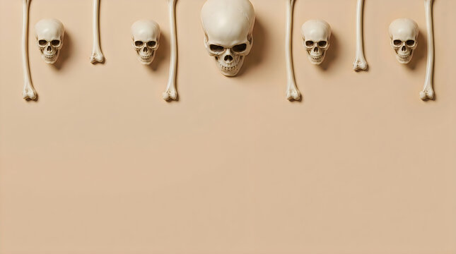 Top view of human skulls and bones arranged in a pattern on a beige background for halloween