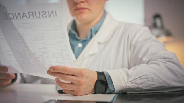 Examining patient documents, doctor with glasses works in bright medical office, consulting patient card and insurance forms while meticulously reviewing records, showcasing careful clinical analysis