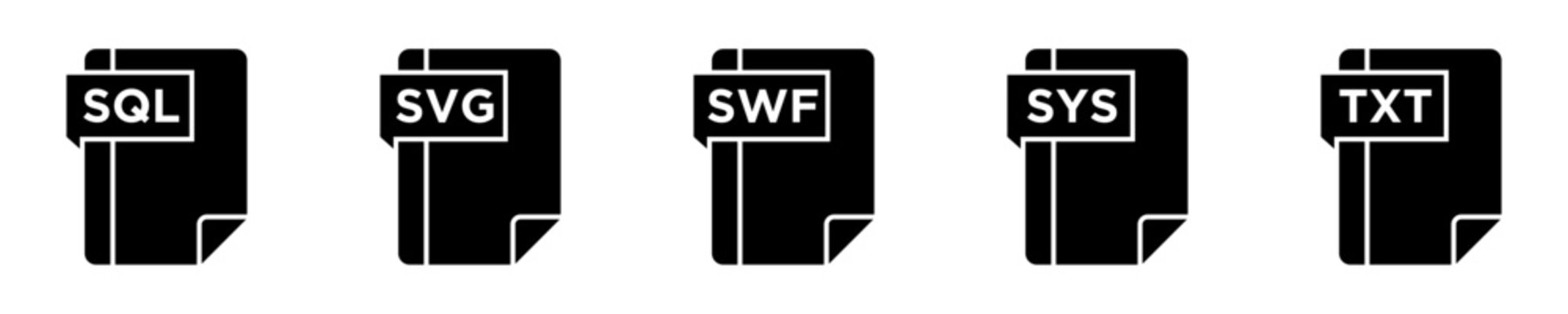 Set of file format glyph icons including SQL, SVG, SWF, SYS and TXT document extensions.