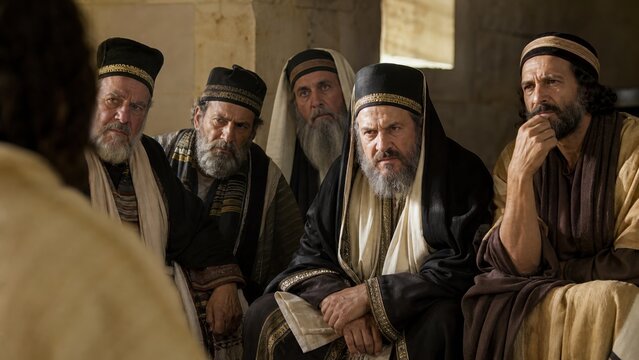 Group of ancient pharisees and scribes questioning Jesus Christ. Biblical scene of Sanhedrin trial before crucifixion. Religious leaders judging Son of God. Easter story.