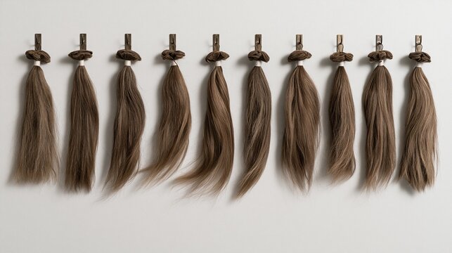 Ten samples of warm brown natural human hair extension strands hanging on metal hooks against plain light gray wall, professional hair salon color selection display