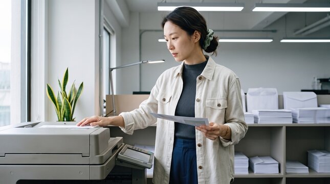 Generative AI, Asian woman using a copy machine in an office