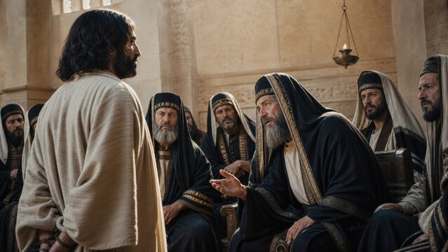 Jesus standing trial before the Sanhedrin. Men in robes questioning Christ in ancient hall. Biblical scene of judgment and faith. Gospel of Luke story. Christian Easter concept