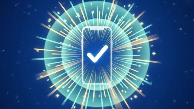 Smartphone processing a digital transaction with a checkmark appearing on a blue background animation with effects checkmark completion digital payment glowing video smartphone