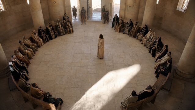 Jesus standing before Sanhedrin council in ancient courtroom. Priests and elders seated in circle judging Christ at trial. Biblical scene from gospel of Luke. Son of God concept.