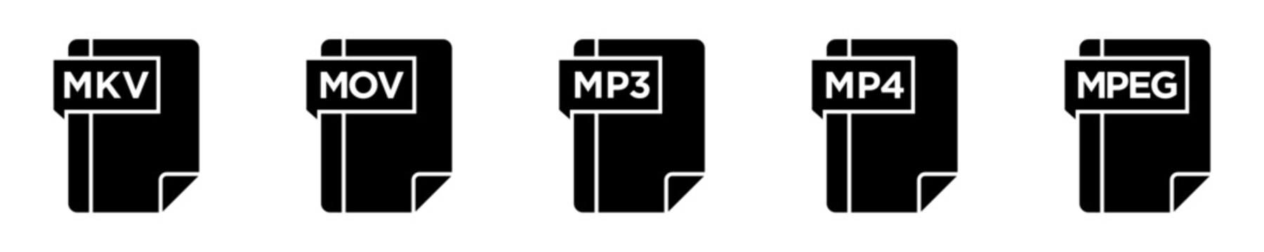 Set of multimedia file format glyph icons for video and audio data types.
