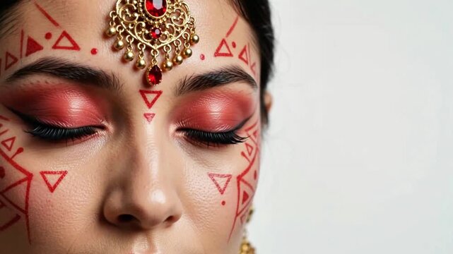 Ethnic woman gaze blinking with traditional face paint and jewelry