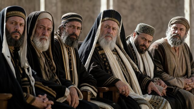 Group of ancient pharisees and scribes in traditional robes sitting in judgment. Biblical sanhedrin council of elders in old Judea. Trial of Jesus Christ, gospel scene
