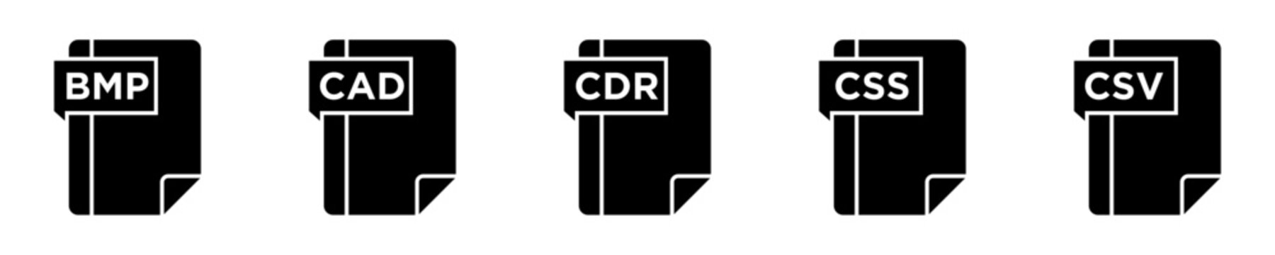 Set of file format glyph icons including BMP, CAD, CDR, CSS and CSV document extensions.
