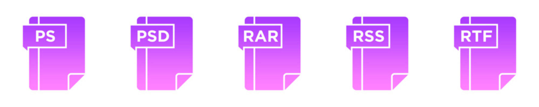 Set of five purple gradient file format icons for digital document and data management