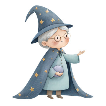 Cute watercolor illustration of a friendly elderly wizard woman character with a magic orb isolated