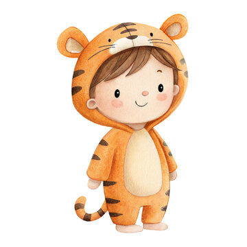 Cute watercolor illustration of a friendly child in a tiger costume isolated