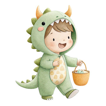 Cute watercolor illustration of a friendly child in a green dragon costume holding a candy basket isolated