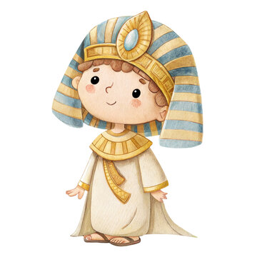 Cute watercolor illustration of a friendly child in an Egyptian pharaoh costume isolated