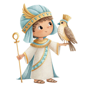 Cute watercolor illustration of a friendly child in an Egyptian pharaoh costume holding a bird isolated