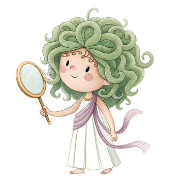 Cute watercolor illustration of a friendly little girl character as Medusa with a mirror isolated