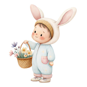 Cute watercolor illustration of a friendly child in a bunny costume holding a flower basket isolated