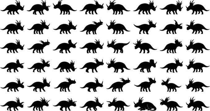 Triceratops and ceratopsian dinosaur silhouette vector icon set featuring black stencil illustrations of horned prehistoric reptiles from the Cretaceous period