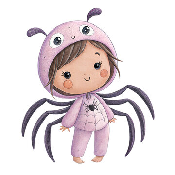 Cute watercolor illustration of a friendly child in a pink spider costume isolated