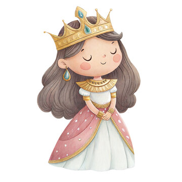 Cute watercolor illustration of a friendly princess girl character with golden crown isolated