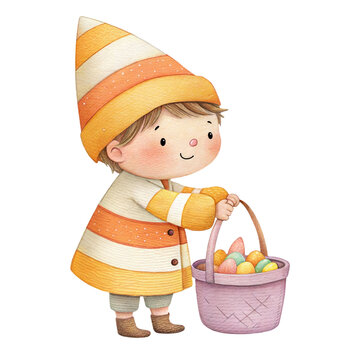 Cute watercolor illustration of a friendly child in a striped candy corn costume holding an egg basket isolated