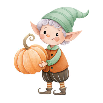 Cute watercolor illustration of a friendly forest elf character holding a big pumpkin isolated