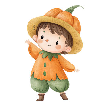 Cute watercolor illustration of a friendly child in a pumpkin costume waving isolated