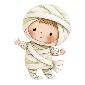 Cute watercolor illustration of a friendly child in a mummy costume wrapped in bandages isolated