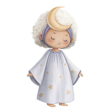 Cute watercolor illustration of a friendly child character with a crescent moon and star nightgown isolated