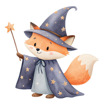 Cute watercolor illustration of a friendly fox wizard character with a magic wand isolated