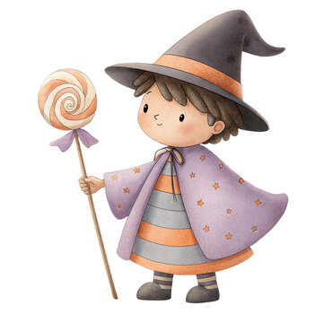 Cute watercolor illustration of a friendly child in a witch costume holding a lollipop isolated