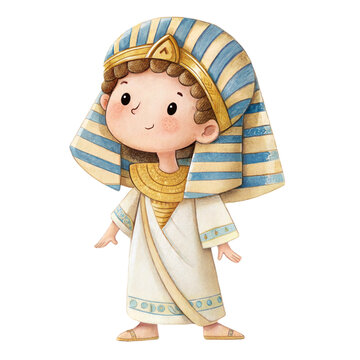 Cute watercolor illustration of a friendly child in an Egyptian pharaoh costume isolated