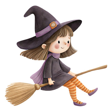 Cute watercolor illustration of a friendly child in a witch costume flying on a broom isolated