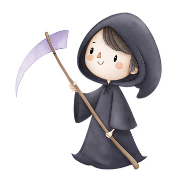 Cute watercolor illustration of a friendly child in a grim reaper costume with a scythe isolated