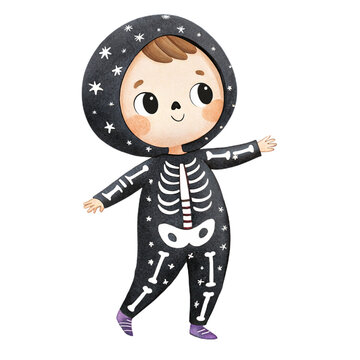 Cute watercolor illustration of a friendly child in a skeleton costume with a starry hood isolated