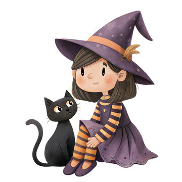 Cute watercolor illustration of a friendly child in a witch costume with a black cat isolated