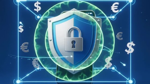 Smartphone displaying biometric fingerprint authentication and digital financial protection shield with floating currency symbols on blue with performing fingerprint scanning