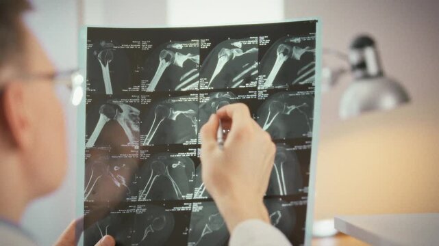 In a modern medical office, a specialist doctor carefully reviews a series of MRI and X-ray scans, analyzing the fracture in detail to decide the optimal treatment plan for the patient
