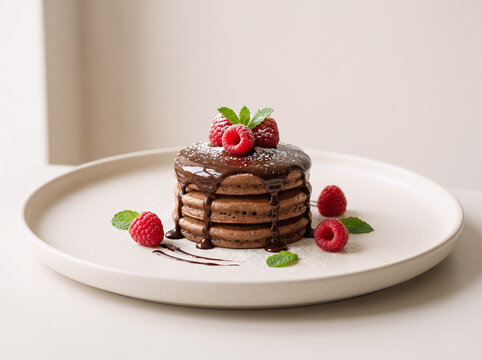 Elegant stack of chocolate pancakes topped with fresh raspberries and blueberries, beautifully plated on a white ceramic dish in a minimalist fine dining setting.
