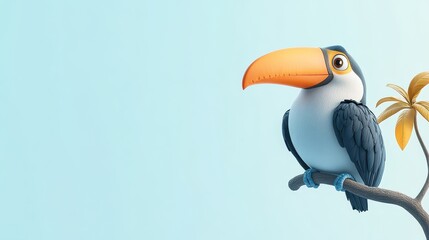 Naklejka premium toucan sitting on a branch with large orange beak. Minimalist light blue background with soft studio lighting.