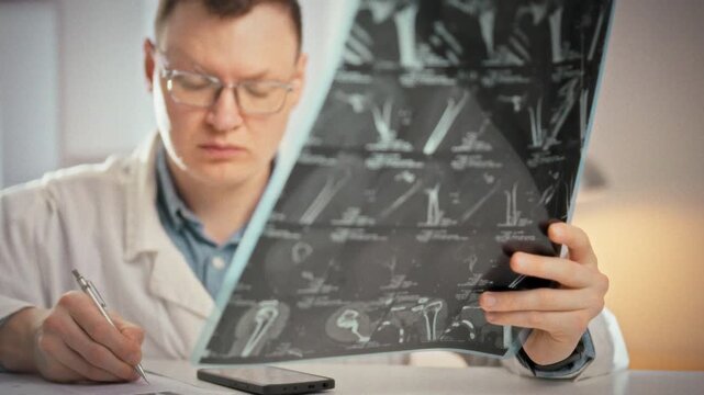 In bright medical office, doctor reviews large MRI film with multi-angle images while entering the patient's fracture details into the medical record, precise step in diagnosis and treatment planning
