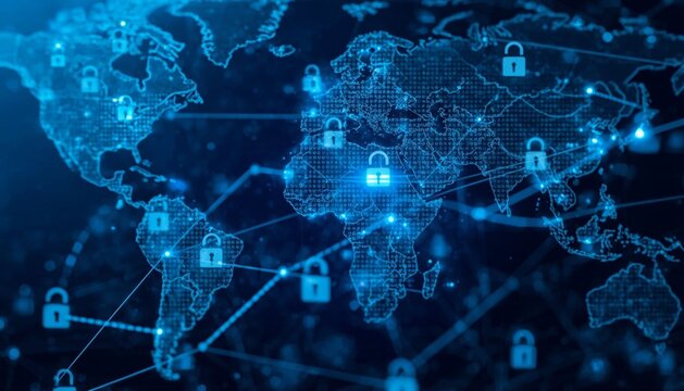 Digital world map with glowing security padlocks