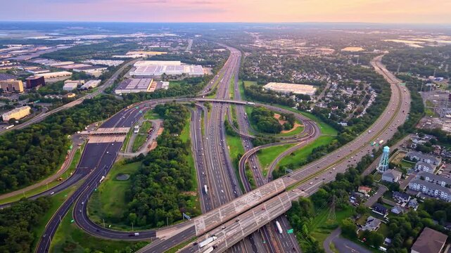 Sunset aerial view of highway interchange near suburb. Elevated perspective of toll plaza, multilane freeway, overpass bridge and residential neighborhood under pink sky. Garden State Parkway