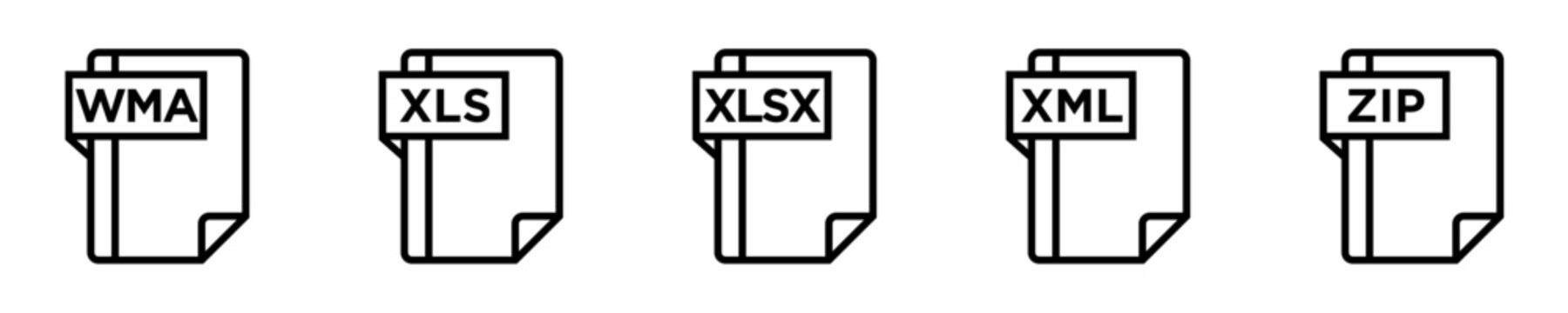 Set of digital file format icons including WHA, XLS, XLSX, XML and ZIP document types.