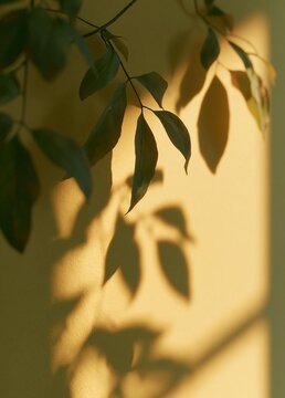 Close-up of a branch with green leaves. the leaves are casting a shadow on a yellow wall, creating a contrast between the two colors.