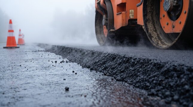 Orange road roller compacting fresh steaming asphalt on highway