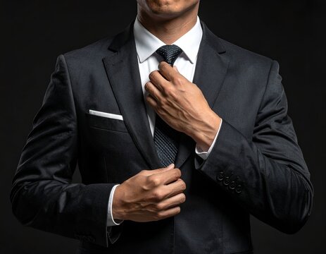 A man in a tailored suit adjusts his tie against a dark background, classic and poised