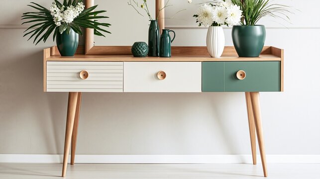 Midcentury modern entryway console table with three tone drawers and assorted vases with fresh white flowers against plain light wall, stylish contemporary home decor