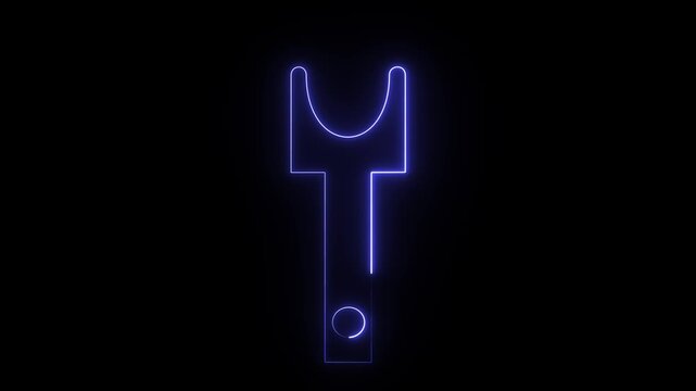 A blue glowing neon icon of a wrench or spanner on a black background.
